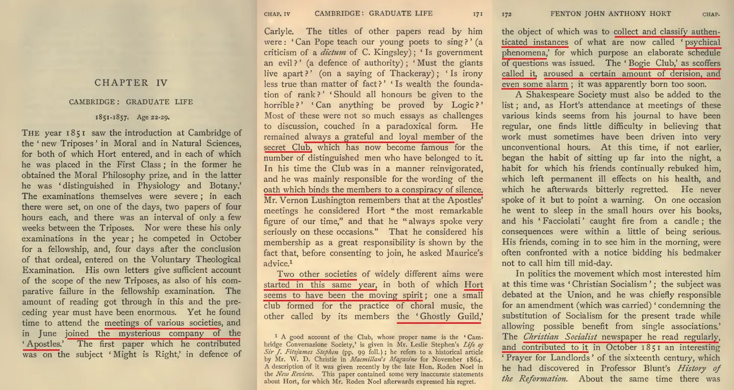 Highlighted page showing the Apostles oath, conspiracy of silence, psychical phenomena, and the Bogie Club.