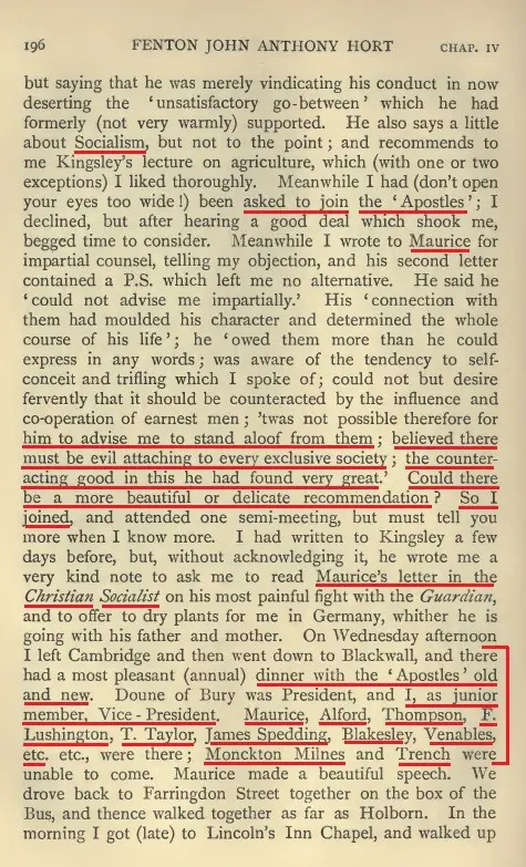 Highlighted page showing Hort among Apostles and Christian Socialist connections.