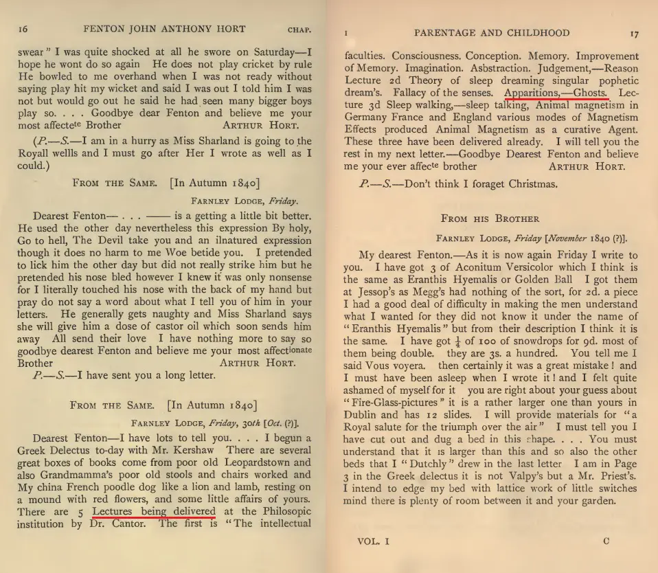 Highlighted page showing the recorded lectures on apparitions, ghosts, sleep-walking, and animal magnetism.
