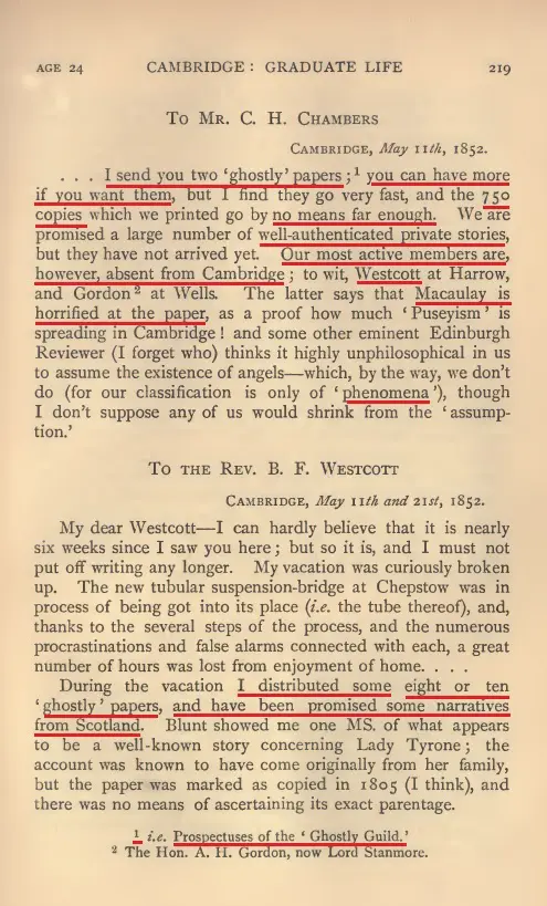 Highlighted scan from Hort volume 1 page 219 about ghostly papers and private stories.