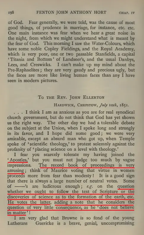 Highlighted page showing Hort siding with the discoveries of science over the text of Scripture and adding that he does not believe in matter.