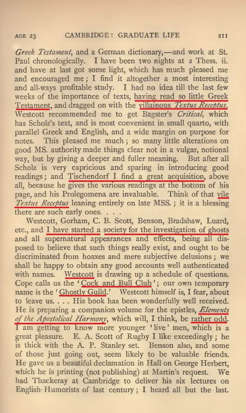 Highlighted page showing Hort attacking the Textus Receptus while mentioning the Ghostly Guild.