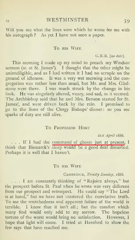 Highlighted page showing Westcott’s line about the command of ghosts.
