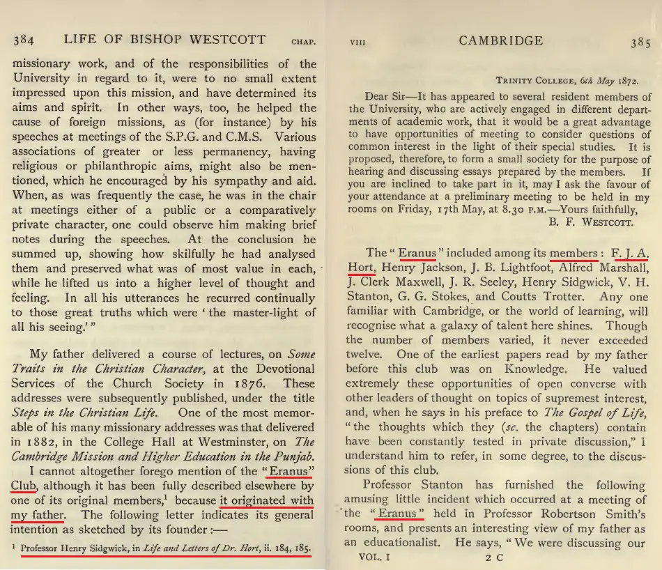 Page showing Westcott’s account of founding the Eranus club and its members.