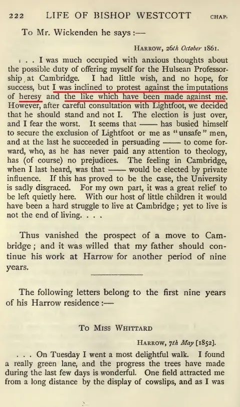 Page showing Westcott protesting imputations of heresy and the dislike borne against him.